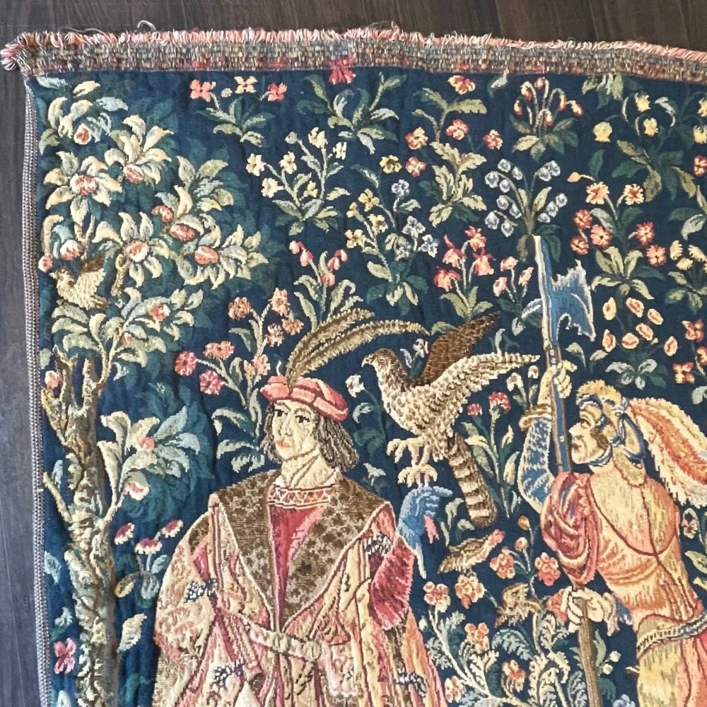 Vintage French Aubusson‎ Medieval Hunting  Millefleurs Woven Hanging Tapestry